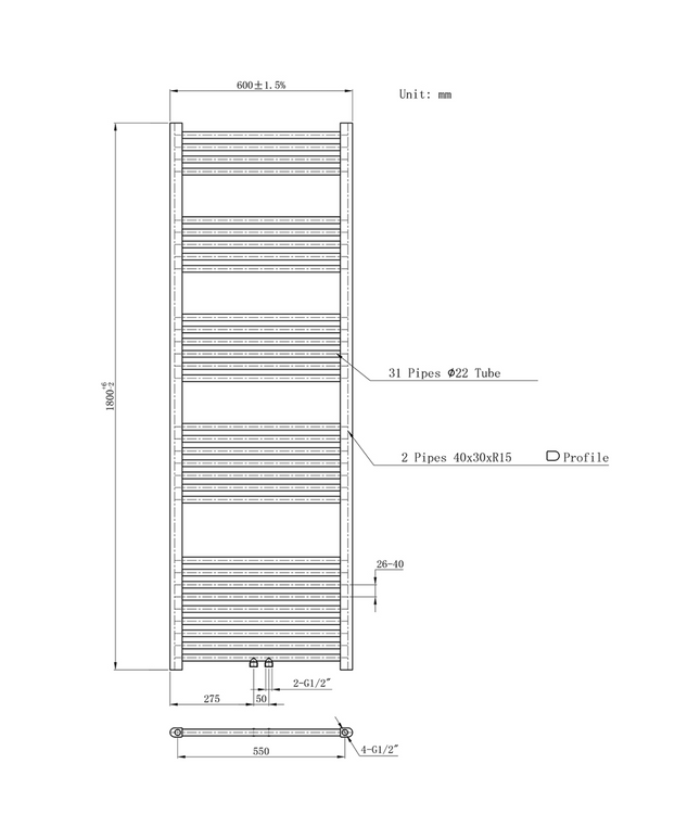 Belrad Bathroom Radiator 1800x500mm - Chrome - Middle connection - 575W
