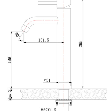 Wiesbaden 304 wastafelkraan hoog coldstart geborsteld RVS - technische tekening | Schwertz & Co