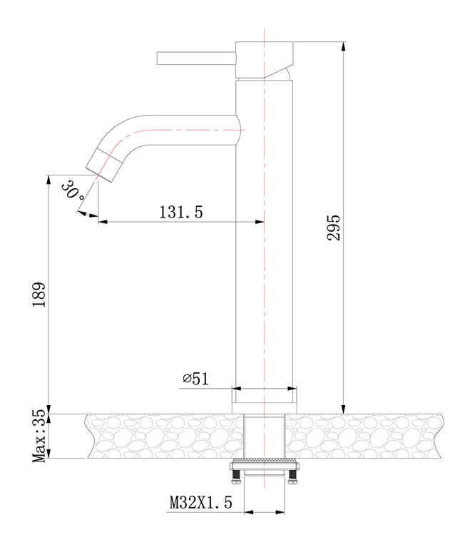 Wiesbaden 304 wastafelkraan hoog coldstart geborsteld RVS - technische tekening | Schwertz & Co