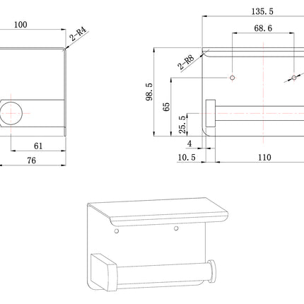 Wiesbaden Brush toiletrolhouder mat zwart - technische tekening | Schwertz & Co