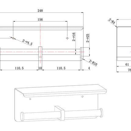 Wiesbaden Brush dubbele toiletrolhouder mat zwart - technische tekening | Schwertz & Co