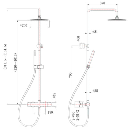 Wiesbaden 304 regendoucheset geborsteld RVS - technische tekening | Schwertz & Co