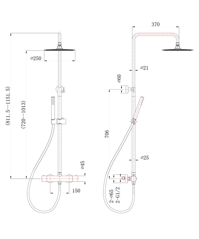 Wiesbaden 304 regendoucheset geborsteld RVS - technische tekening | Schwertz & Co