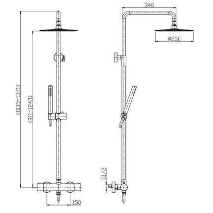 Xellanz Tivaro thermostatische regendoucheset mat zwart - technische tekening | Schwertz & Co