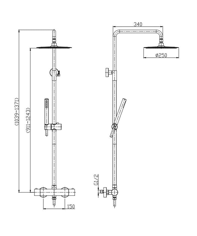 Xellanz Tivaro thermostatische regendoucheset mat zwart - technische tekening | Schwertz & Co