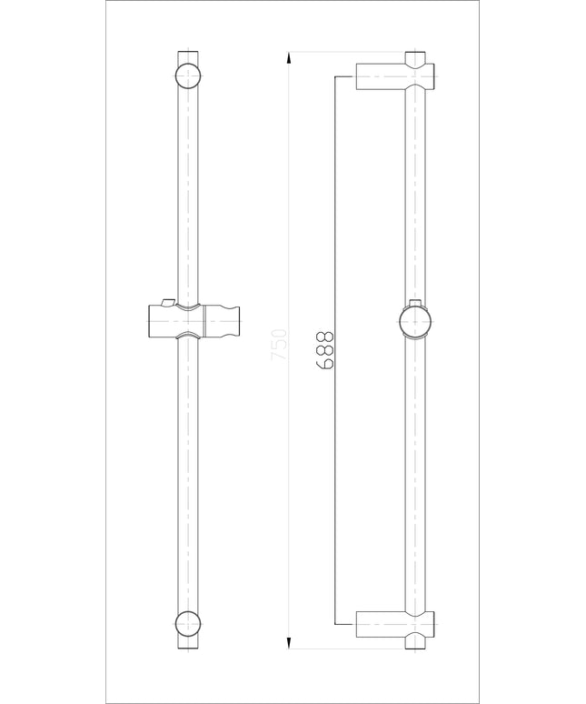 Barre de douche coulissante 75 cm Wiesbaden 304 inox brossé - dessin technique | Schwertz & Co