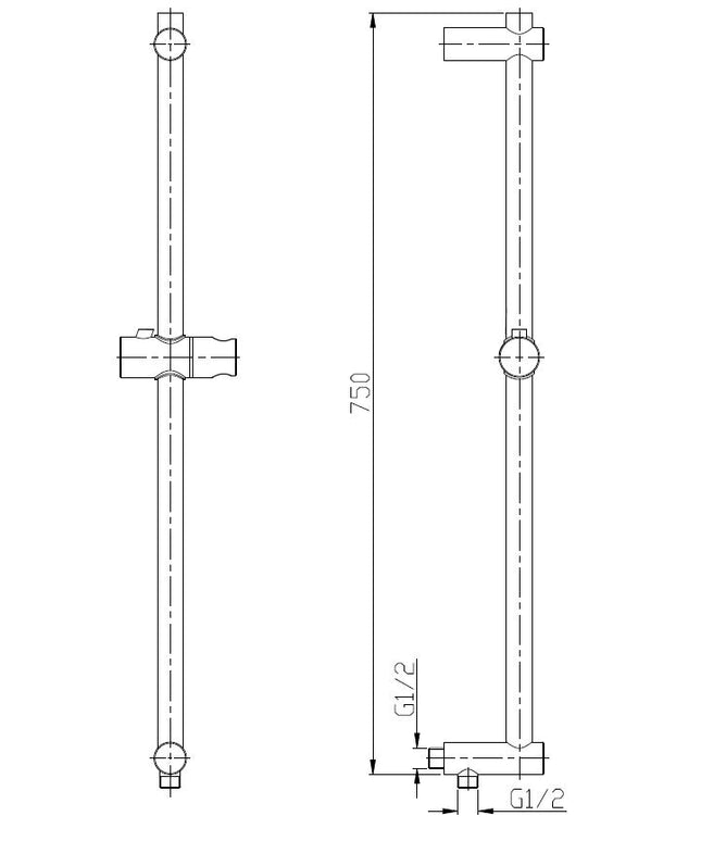 Barre de douche coulissante avec sortie d'eau 75 cm Wiesbaden 304 inox brossé - dessin technique | Schwertz & Co