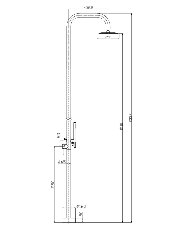 Xellanz Sole buitendouche RVS 304 - technische tekening | Schwertz & Co