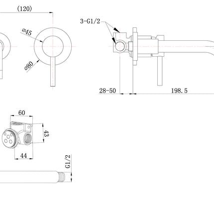 Wiesbaden 304 inbouw wastafelkraan coldstart geborsteld RVS - technische tekening | Schwertz & Co