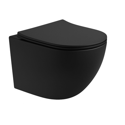 Aloni Pro hangtoilet / ophang WC – tornado flush – randloos – met zitting – compact 49 cm – mat zwart