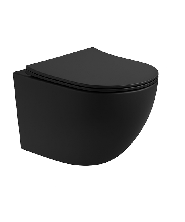 Aloni Pro hangtoilet / ophang WC – tornado flush – randloos – met zitting – compact 49 cm – mat zwart