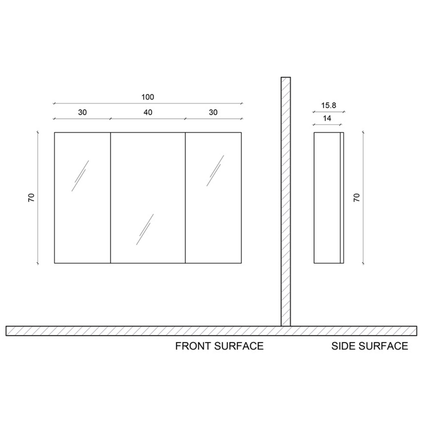 ALONI SALLY spiegelkast – 3 deuren – 100x70 cm – Aluminium