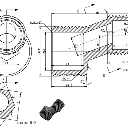 Riko S-koppeling 3/4 x 1/2 inch 47 mm zonder rozet - technische tekening | Schwertz & Co