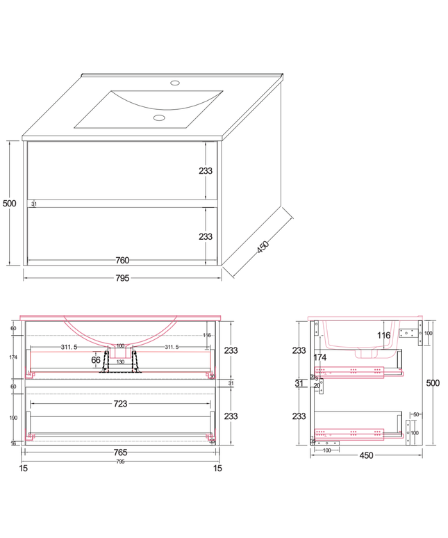 ALONI HAYAT wastafelonderkast – 79,5x50x45 cm – Mat zwart – Greeploos & softclose