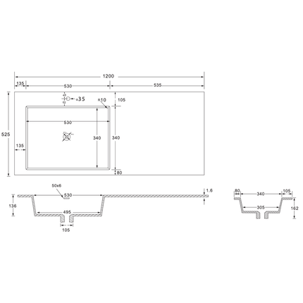 Wonda Square Slim wastafel – 1 wasbak links – 120x1,6x52,5 cm – mat wit – kunstmarmer