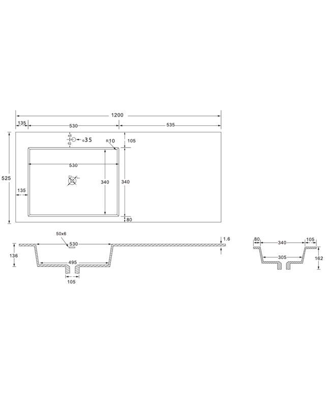 Wonda Square Slim wastafel – 1 wasbak links – 120x1,6x52,5 cm – mat wit – kunstmarmer