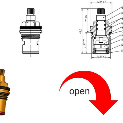 Riko keramische spindel 1/2 inch links sluitend rood - technische tekening | Schwertz & Co