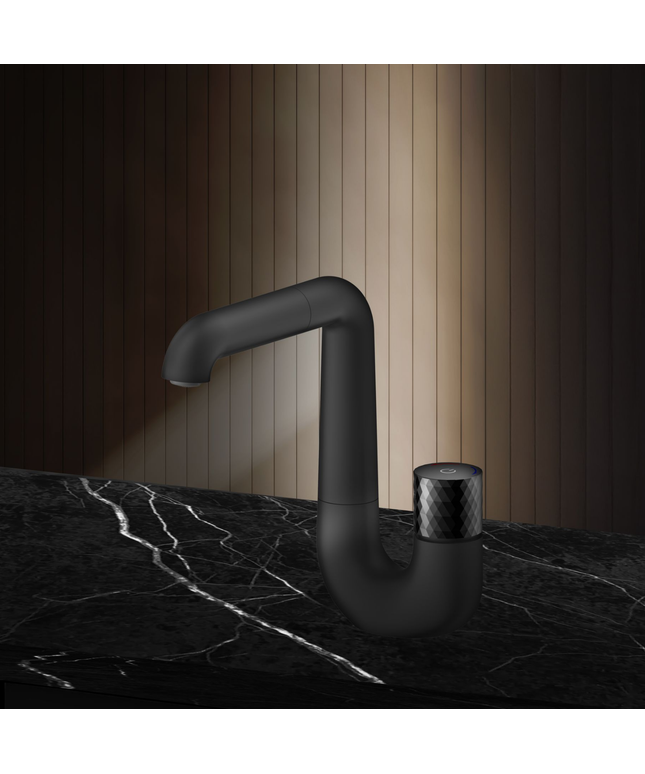 ALONI Flow wastafelkraan – drukknop – draaibare uitloop – mat zwart