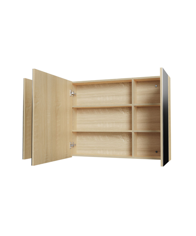 HAYAT spiegelkast – 3 asymmetrische enkelzijdige spiegeldeuren – 120x70x15 cm – Eik