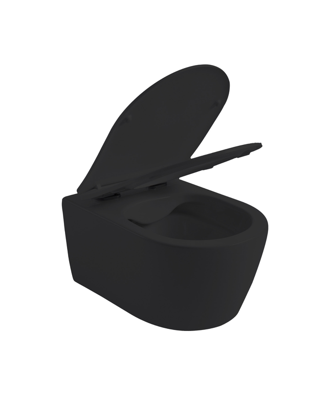 Aloni Pro hangtoilet / ophang WC – randloos – met zitting – compact 49 cm – mat zwart