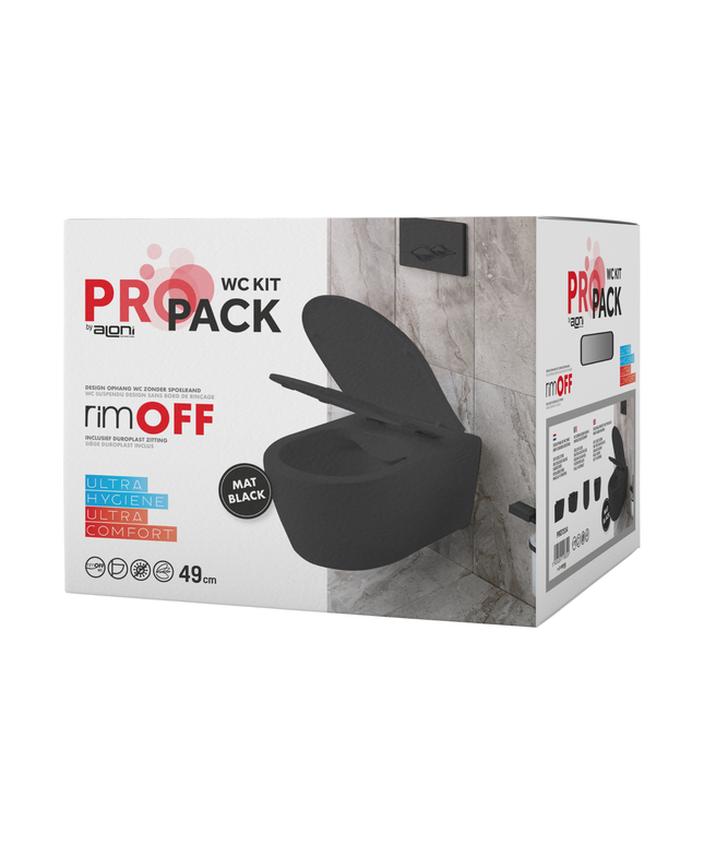 Aloni Pro hangtoilet / ophang WC – randloos – met zitting – compact 49 cm – mat zwart