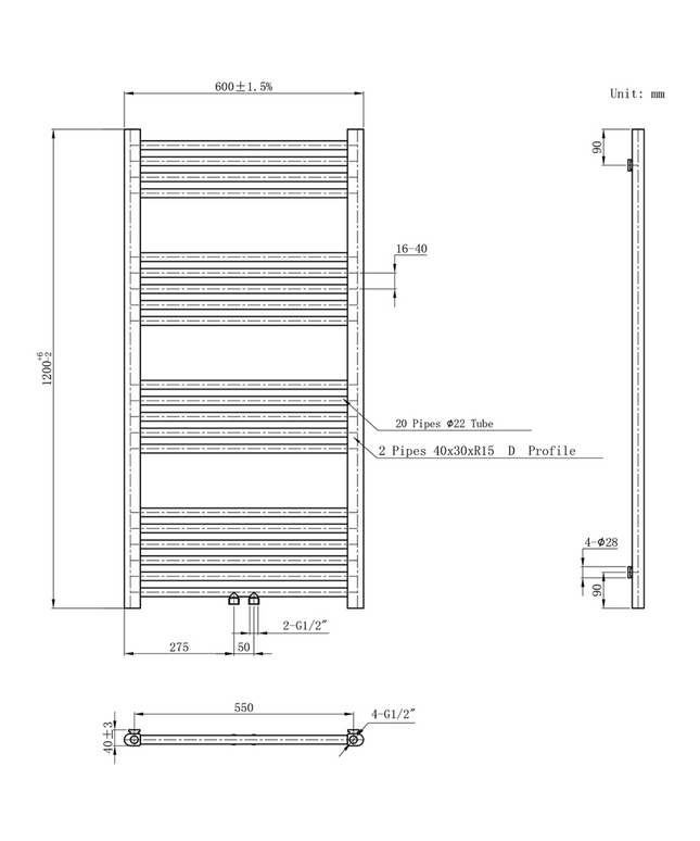 Belrad Bathroom Radiator 1800x500mm - Chrome - Middle connection - 575W