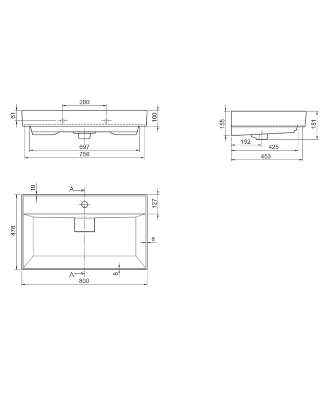 Aloni wastafel – 80x48x10 cm – wit
