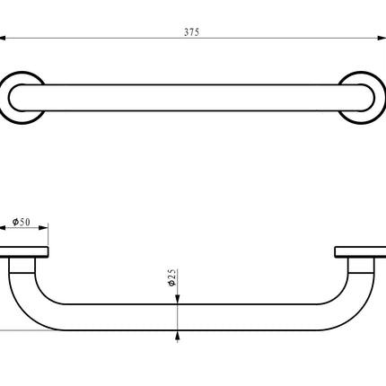 Xellanz Domo badgreep recht 37,5 cm chroom - technische tekening | Schwertz & Co