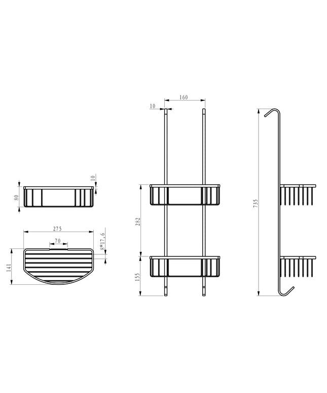Xellanz Domo étagère de douche inox brossé - dessin technique | Schwertz & Co