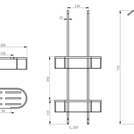 Wiesbaden Style doucherekje hangend chroom - technische tekening | Schwertz & Co