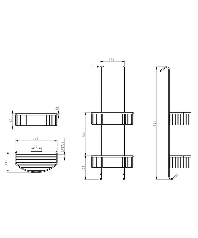 Xellanz Domo panier de douche noir mat - dessin technique | Schwertz & Co