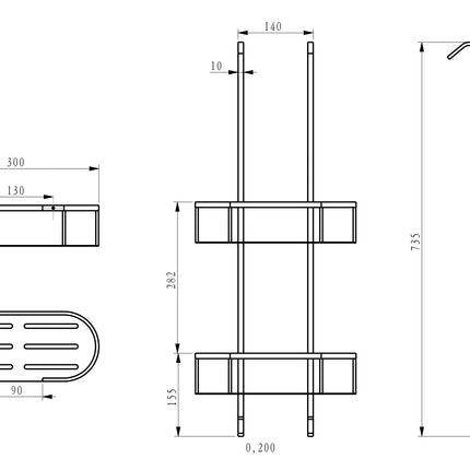 Wiesbaden Style doucherekje hangend mat zwart - technische tekening | Schwertz & Co