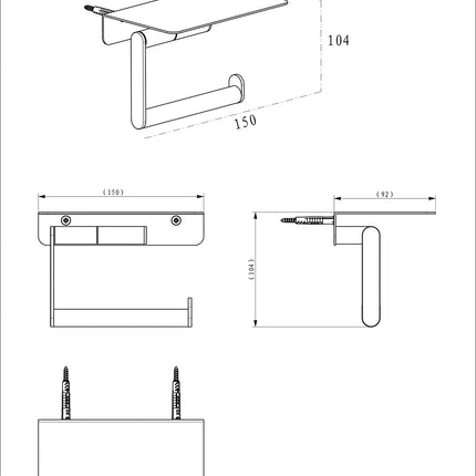 Wiesbaden Alonzo toiletrolhouder met planchet gunmetal - technische tekening | Schwertz & Co