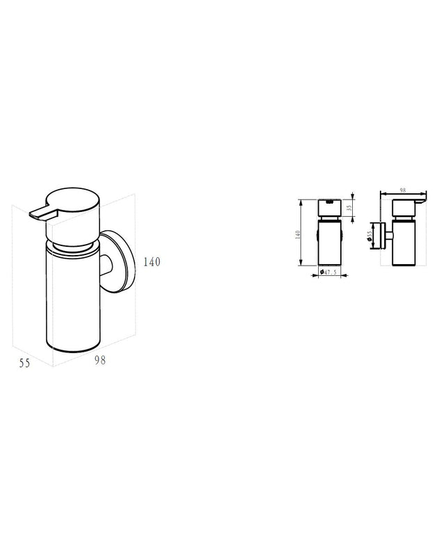 Wiesbaden Alonzo zeepdispenser 90 ml mat zwart - technische tekening | Schwertz & Co