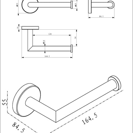Wiesbaden Alonzo toiletrolhouder met vaste arm geborsteld RVS - technische tekening | Schwertz & Co