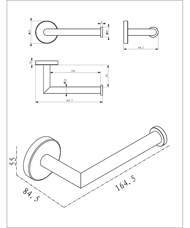 Wiesbaden Alonzo toiletrolhouder vaste arm geborsteld brons koper - technische tekening | Schwertz & Co