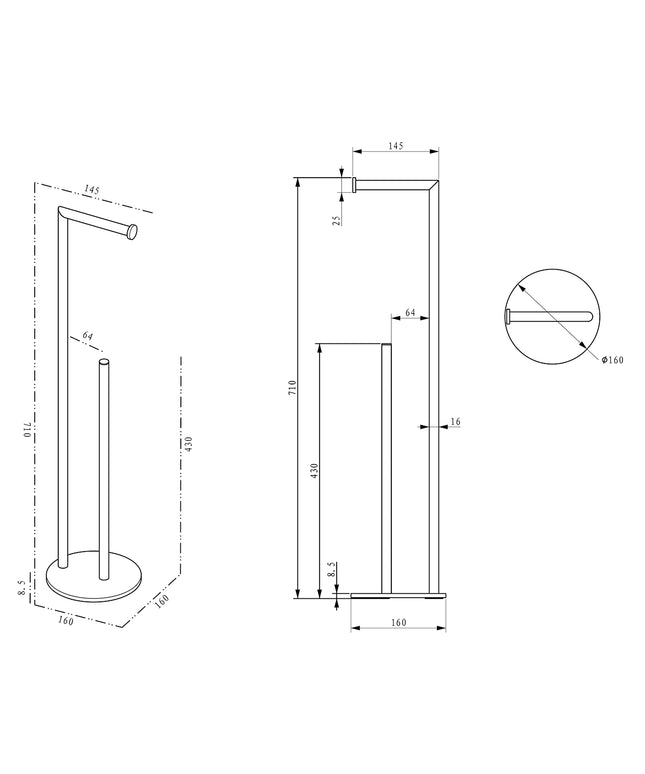 Wiesbaden Alonzo vrijstaande toiletrolhouder RVS geborsteld - technische tekening | Schwertz & Co