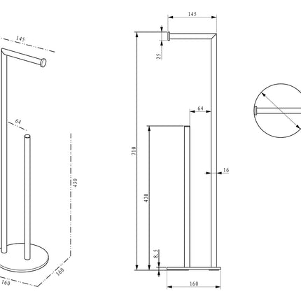 Wiesbaden Alonzo vrijstaande toiletrolhouder gunmetal - technische tekening | Schwertz & Co