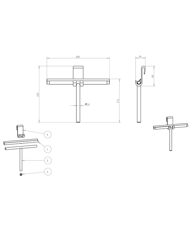 Wiesbaden Alonzo raamwisser met glashaak geborsteld messing - technische tekening | Schwertz & Co