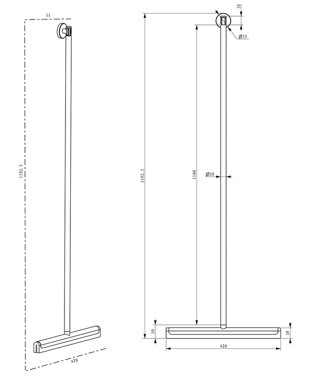 Wiesbaden Alonzo vloerwisser met ophanghaak geborsteld brons koper PVD - technische tekening | Schwertz & Co