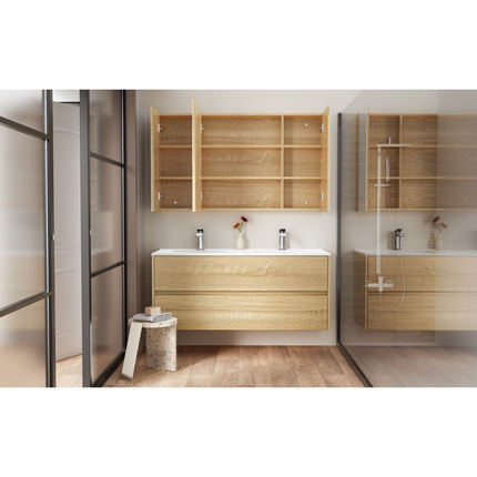 HAYAT spiegelkast – 3 asymmetrische enkelzijdige spiegeldeuren – 120x70x15 cm – Eik