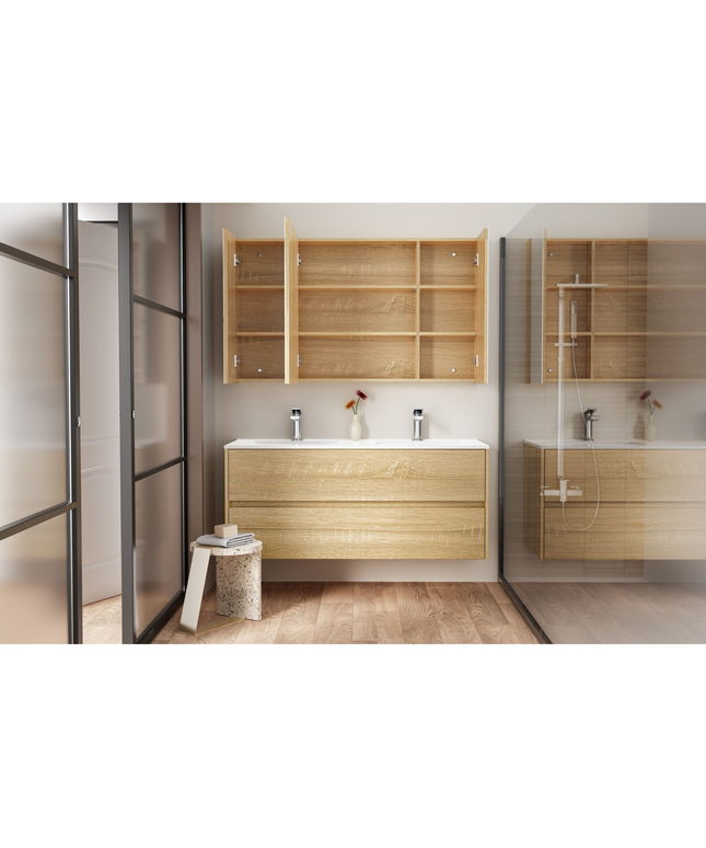 HAYAT spiegelkast – 3 asymmetrische enkelzijdige spiegeldeuren – 120x70x15 cm – Eik