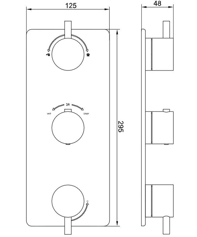 Wiesbaden Caral afbouwdeel inbouwthermostaat 3-weg mat zwart - technische tekening | Schwertz & Co