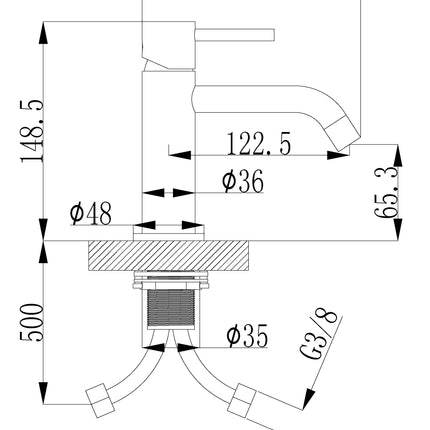 Wiesbaden Style wastafelkraan geborsteld messing - technische tekening | Schwertz & Co