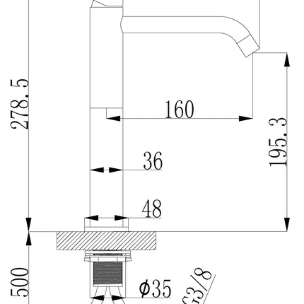 Wiesbaden Style XL wastafelkraan hoog geborsteld messing - technische tekening | Schwertz & Co