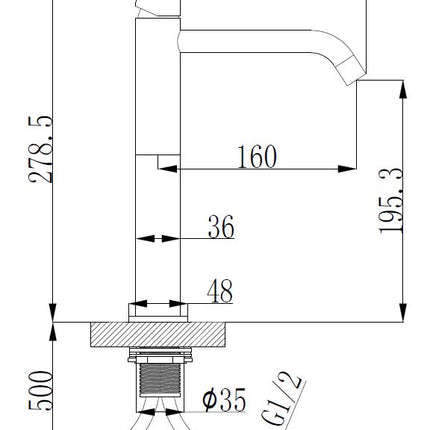 Wiesbaden Style XL wastafelkraan hoog geborsteld staal - technische tekening | Schwertz & Co