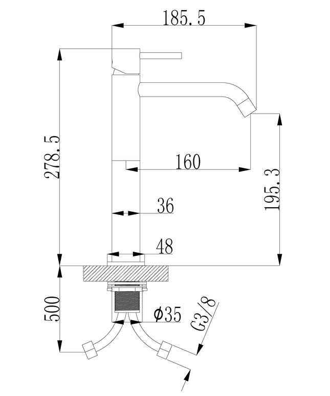 Wiesbaden Style XL wastafelkraan hoog geborsteld brons koper - technische tekening | Schwertz & Co