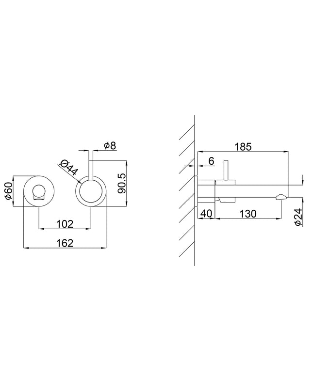 Wiesbaden Style inbouw wastafelkraan brons koper - technische tekening maatvoering | Schwertz & Co