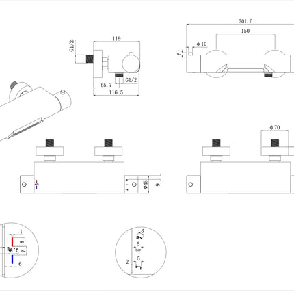 Wiesbaden Style thermostatische badmengkraan waterval mat zwart - technische tekening | Schwertz & Co
