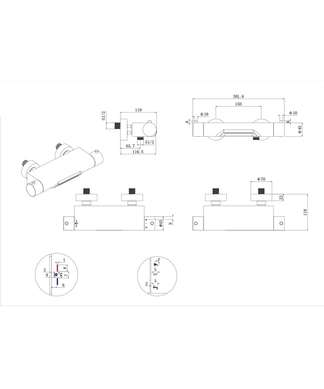 Wiesbaden Style thermostatische badmengkraan waterval mat zwart - technische tekening | Schwertz & Co